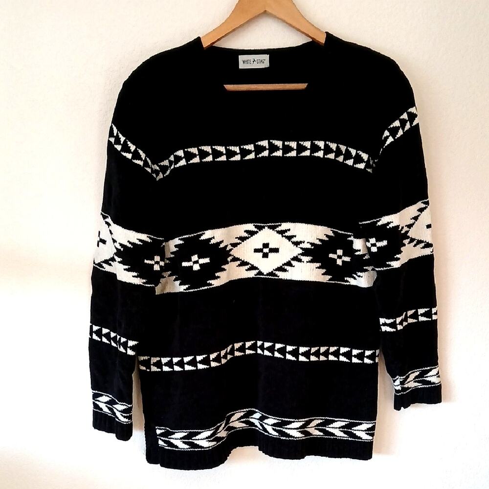 Vintage White Stag Chenille Southwest Aztec Geometric Print Sweater